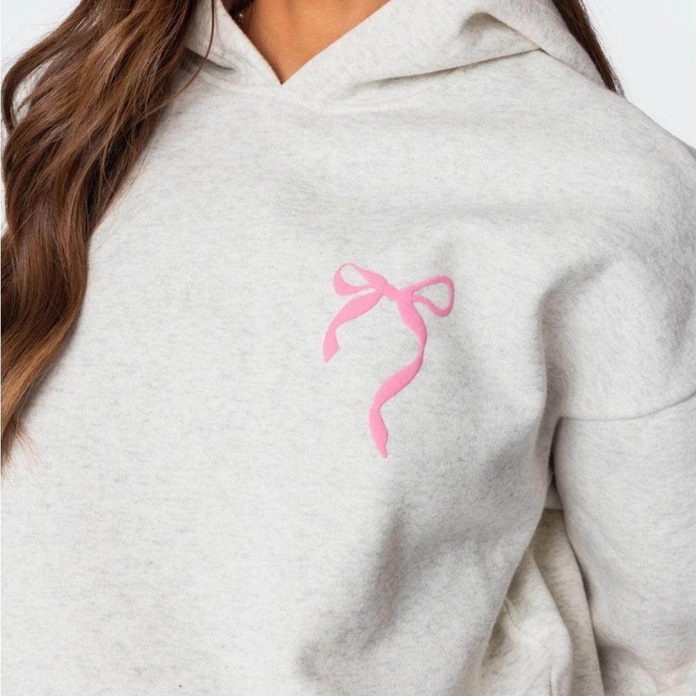 Edikted Women's light grey Hoodie with Pink Bow Accent - size small